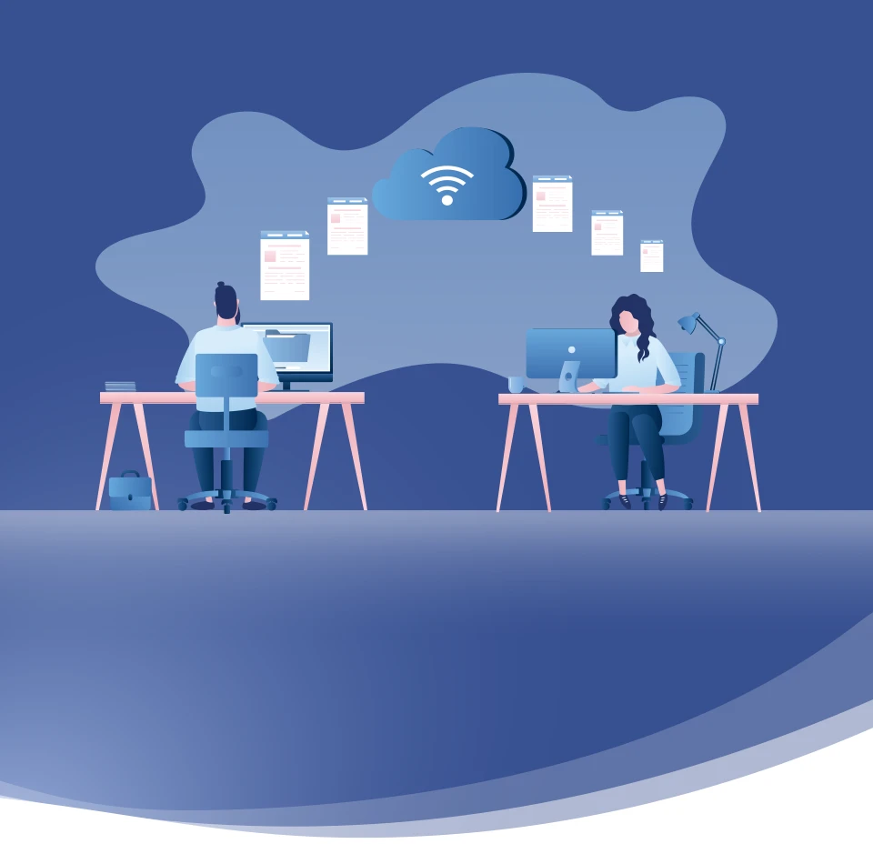 Blaue Grafik mit Wolke „Cloud“ und zwei Pfeilen zu „On-Premise“ – symbolisiert die freie Wahl des PIM-Betriebs.