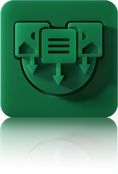 Das Symbol ist unicolor grün und zeigt ein Dialogfeld mit Textlinien, das von zwei weiteren Dialogsymbolen flankiert wird. Es ist in einem Quadrat mit abgerundeten Ecken dargestellt. Dieses Icon steht für den Sales Information Service von crossbase.