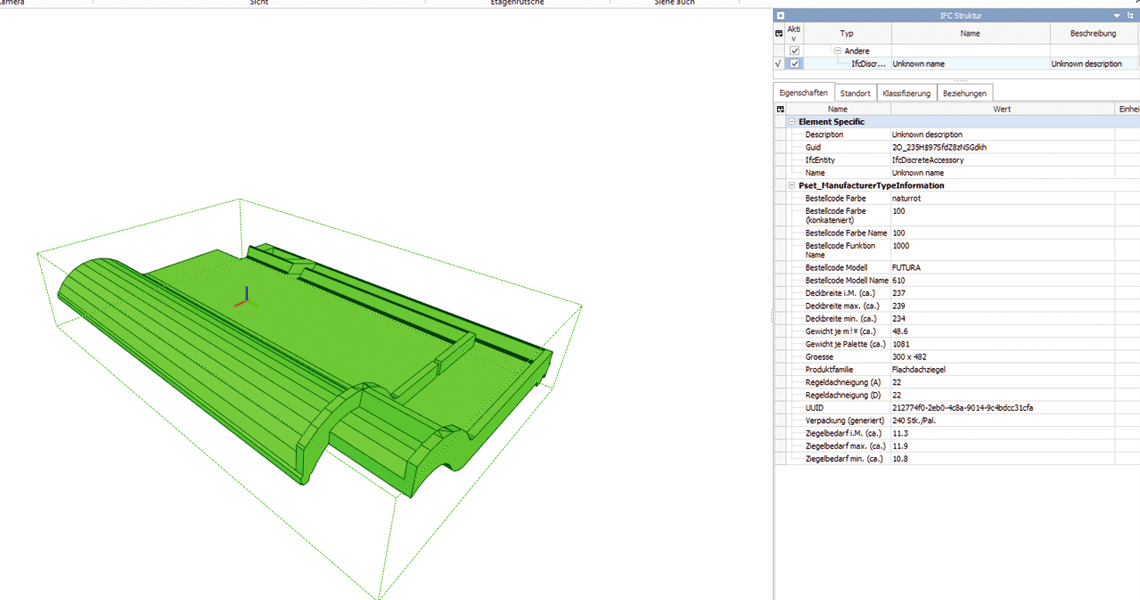 IFC-Datei von CREATON mit herstellerspezifischen Attributen aus der crossbase-Datenbank. Im Bild zu sehen ist die IFC-Datei eines Dachziegels (Detaillierungsgrad 400) im BIM Vision Viewer.