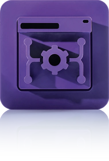 Das Symbol ist unicolor violett und zeigt ein stilisiertes Fenster mit vier miteinander verbundenen Punkten in den Ecken, die eine zentrale Zahnradform umgeben. Es ist in einem Quadrat mit abgerundeten Ecken dargestellt. Dieses Icon steht für das Headless CMS von crossbase.