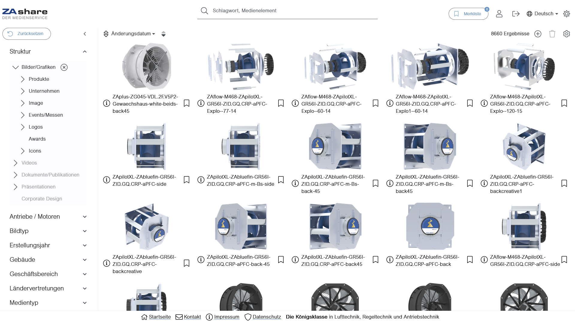 Getätigte Suche im Medienservice von ZIEHL-ABEGG, der die Suchergebnisse in Kacheln mit Bild anzeigt.