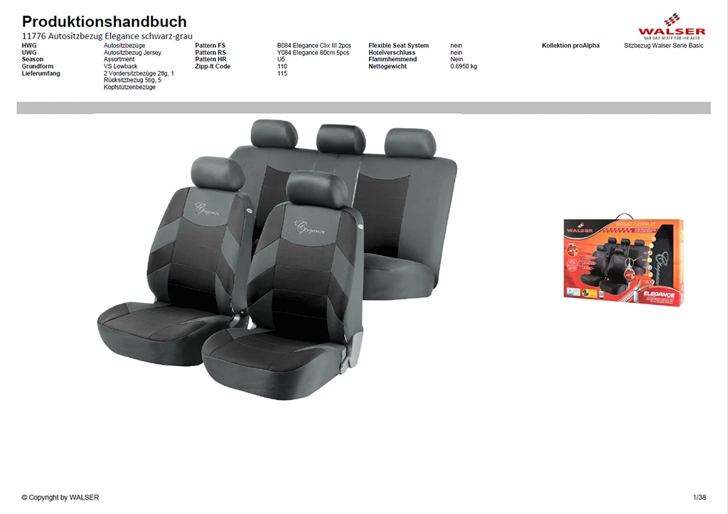 Seite eines automatisiert erstellten Produktionshandbuchs von WALSER mit Produktabbildung.