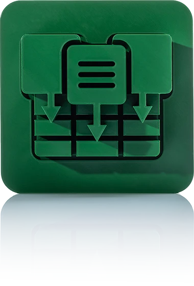 Das Symbol ist unicolor grün und zeigt zwei stilisierte Tabellen- oder Katalogsymbole mit Zeilenstruktur, die sich überlappen. Davor befindet sich ein Pfeil, der einen Exportvorgang andeutet. Es ist in einem Quadrat mit abgerundeten Ecken dargestellt. Dieses Icon steht für das Modul XML- und Excel-Konfigurator von crossbase.