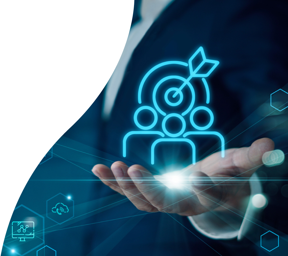 Das Bild zeigt eine geöffnete Hand, über der eine leuchtende Grafik mit drei Personen und einem Zielsymbol mit Pfeil schwebt. Es symbolisiert die Datenbereitstellung im digitalen Geschäftsumfeld. Der Hintergrund enthält moderne, technologische Elemente und vermittelt einen innovativen Eindruck.