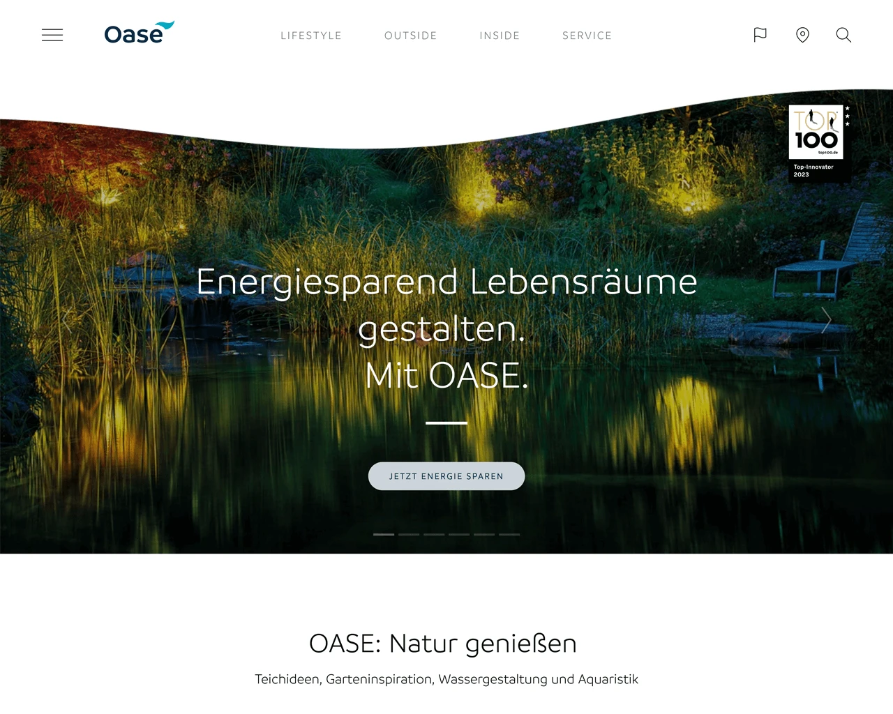 Screenshot der OASE-Website mit Produktinformationen aus der crossbase-Datenbank.
