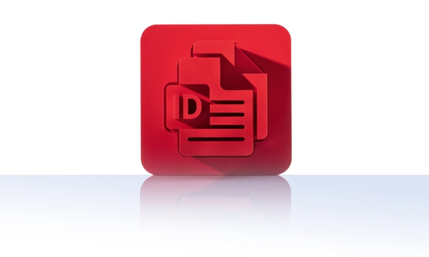 Das Symbol zeigt ein Zahnrad, in das ein stilisiertes Dokument integriert ist. Das Symbol befindet sich in einem roten Quadrat mit abgerundeten Ecken. Dieses Icon steht für das Print-Publishing von crossbase.