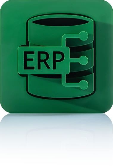 Das Symbol ist unicolor grün und zeigt ein stilisiertes Datenbanksymbol mit einem rechteckigen Schild, auf dem „ERP“ steht. Drei kurze Linien mit Punkten am Ende führen von diesem Schild zur rechten Seite der Datenbank, was eine Verbindung symbolisiert. Es ist in einem Quadrat mit abgerundeten Ecken dargestellt und steht für die ERP-Schnittstelle von crossbase.