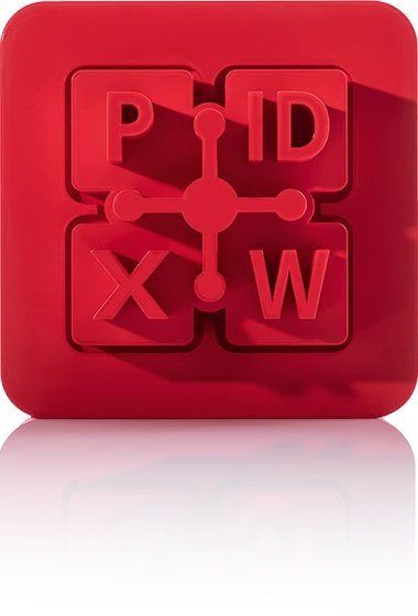 Das Symbol ist unicolor rot und zeigt vier Quadrate, die durch eine zentrale Verbindung miteinander verknüpft sind. In den Quadraten befinden sich die Buchstaben „P“, „D“, „X“ und „W“, die für gängige Office-Formate wie PowerPoint, PDF, Excel und Word stehen. Das Icon befindet sich in einem Quadrat mit abgerundeten Ecken. Es symbolisiert die Office-Anbindung von crossbase.