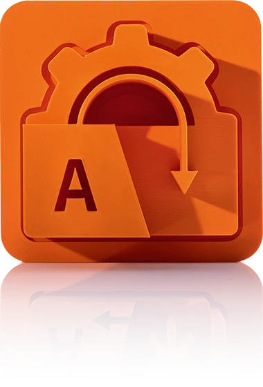 Das Symbol ist unicolor orange und zeigt ein Zahnrad, in das ein Pfeil von oben nach unten hineinführt. Im Vordergrund befindet sich ein großes „A“. Es ist in einem Quadrat mit abgerundeten Ecken dargestellt. Dieses Icon steht für das Übersetzungsmanagement von crossbase.