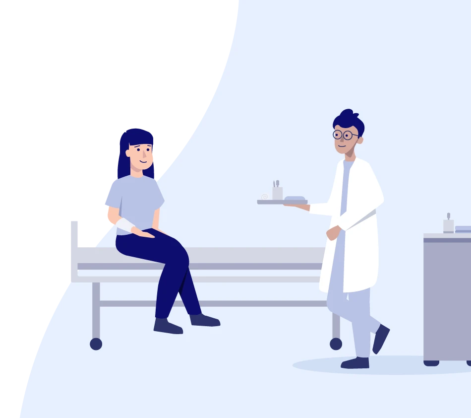 Illustration einer medizinischen Szene: Eine Patientin sitzt mit verbundenem Arm auf einem Krankenhausbett und schaut nach rechts zu einem Arzt in Kittel. Er trägt ein Tablett mit Utensilien. Rechts neben ihm steht ein medizinischer Wagen mit Geräten. Die Szene symbolisiert die Medizintechnik-Branche.