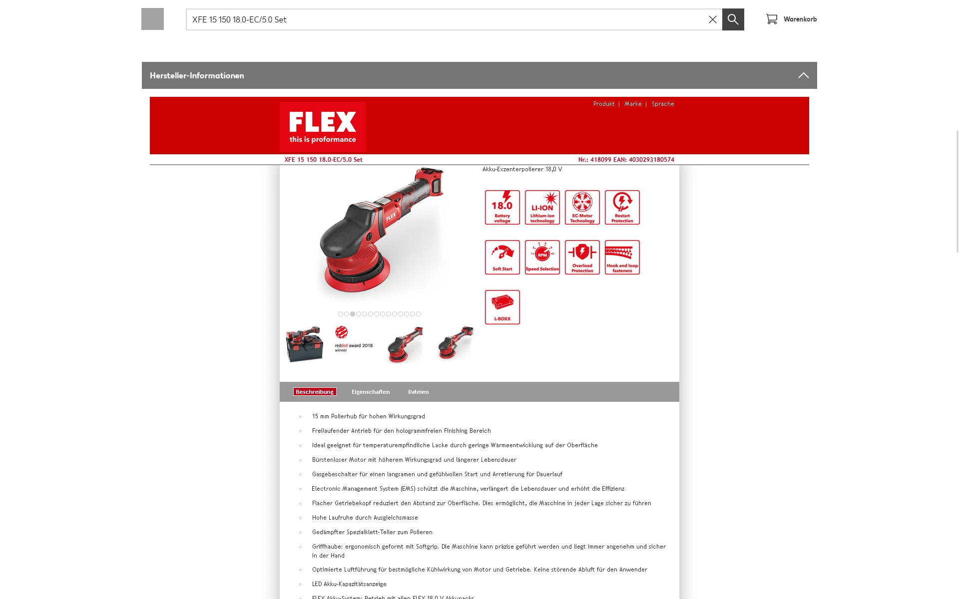Screenshot einer Produktansicht in einem Online-Portal, das von loadbee und crossbase mit Produktinformationen bespielt wird.