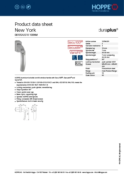 Generiertes Produktdatenblatt von HOPPE mit englischen Inhalten.