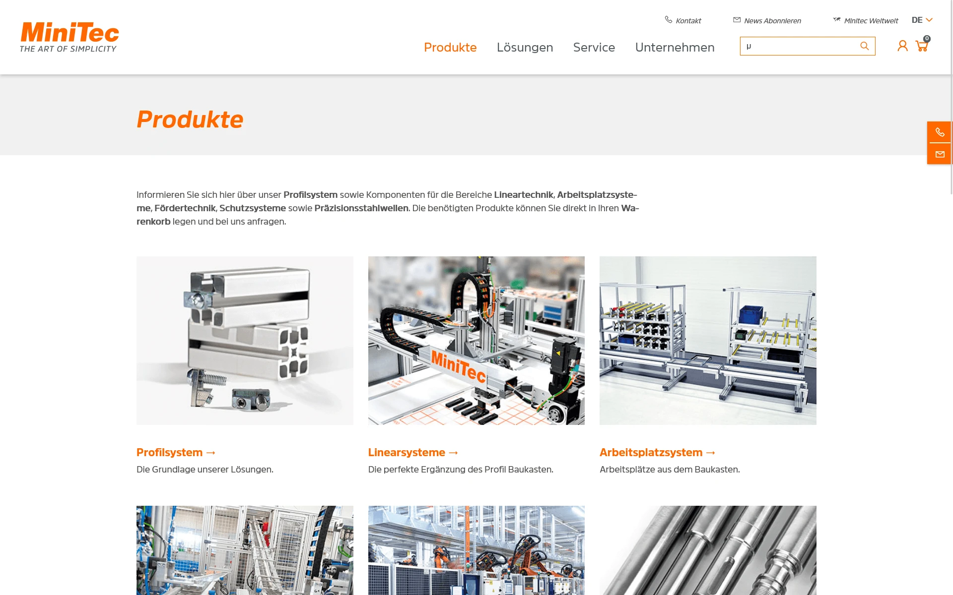 Screenshot der MiniTec-Website mit Produktinformationen aus der crossbase-Datenbank.