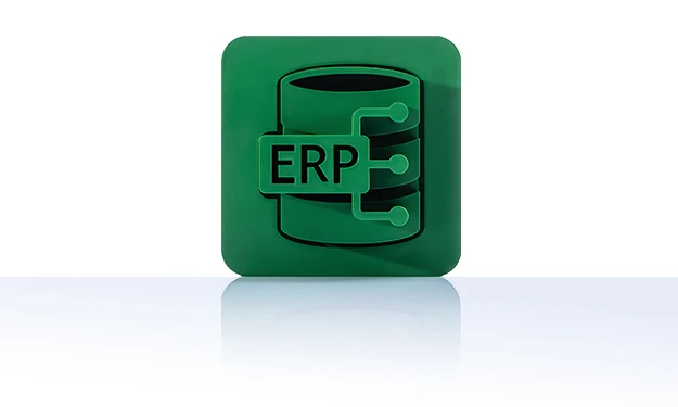 Das Symbol ist unicolor grün und zeigt ein stilisiertes Datenbanksymbol mit einem rechteckigen Schild, auf dem „ERP“ steht. Drei kurze Linien mit Punkten am Ende führen von diesem Schild zur rechten Seite der Datenbank, was eine Verbindung symbolisiert. Es ist in einem Quadrat mit abgerundeten Ecken dargestellt und steht für die ERP-Schnittstelle von crossbase.