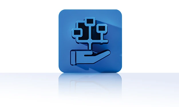 Das Symbol besteht aus einem blauen Quadrat mit abgerundeten Ecken und zeigt eine stilisierte Handfläche, die ein verzweigtes Diagramm trägt. Das Diagramm besteht aus vier verbundenen Knotenpunkten in Form kleiner Rechtecke, die durch Linien zu einer Baumstruktur angeordnet sind. Das Symbol steht für das Workflowmanagement von crossbase.