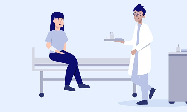 Illustration of a medical scene: A patient sits on a hospital bed with her arm bandaged and looks to the right at a doctor in scrubs. He is carrying a tray with utensils. To his right is a medical trolley with equipment. The scene symbolizes the medical technology industry.