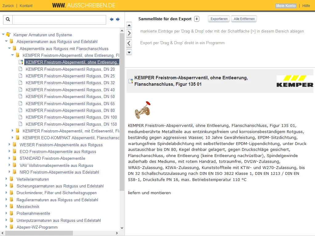 Screenshot of AUSSCHREIBEN.DE with products from KEMPER.