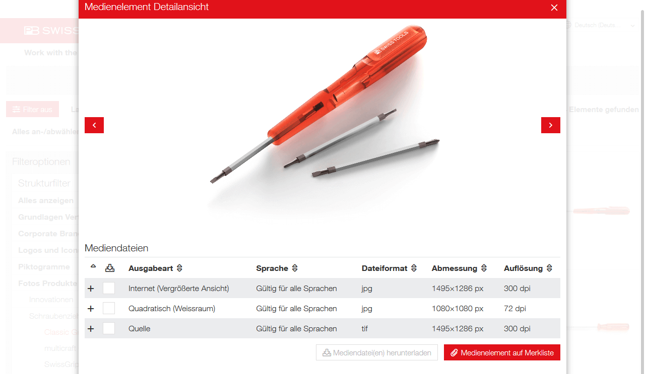 Screenshots of the PB Swiss Tools media service with product information from the crossbase database.