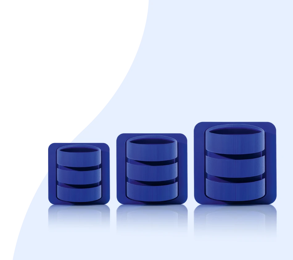 Three blue database icons are arranged next to each other on a light blue background. Each icon shows a cylindrical shape representing a database, framed by a square frame. The icons increase in size from left to right and symbolize the three editions of crossbase. The shapes are slightly reflected on the glossy surface beneath them.