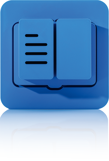 The symbol consists of a surrounding blue square with rounded corners. Inside is an open, stylized book with lines on the left-hand side. It stands for the Channel Output Management of crossbase.
