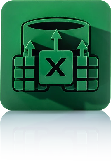 The symbol is unicolor green and shows a stylized database, in front of which two table symbols with cell structure are arranged. In the middle is a large 