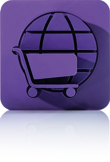 The symbol is unicolor purple and shows a shopping cart in front of a stylized globe with grid lines. It is shown in a square with rounded corners. This icon stands for the crossbase online catalog.