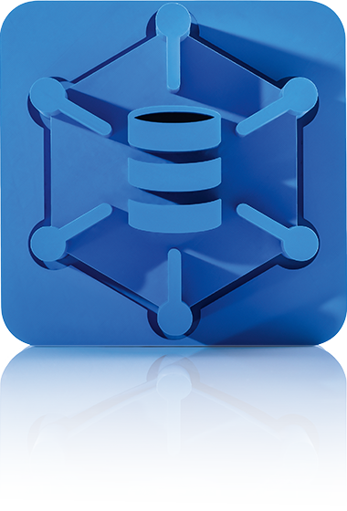 The symbol is unicolor blue and shows a stylized database from which six lines lead to the corners of a surrounding hexagon. There are dots at the corners of the hexagon and the symbol is surrounded by a square with rounded corners. It stands for the crossbase product database.