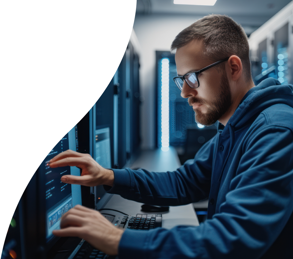An IT employee operates a laptop in a server room
