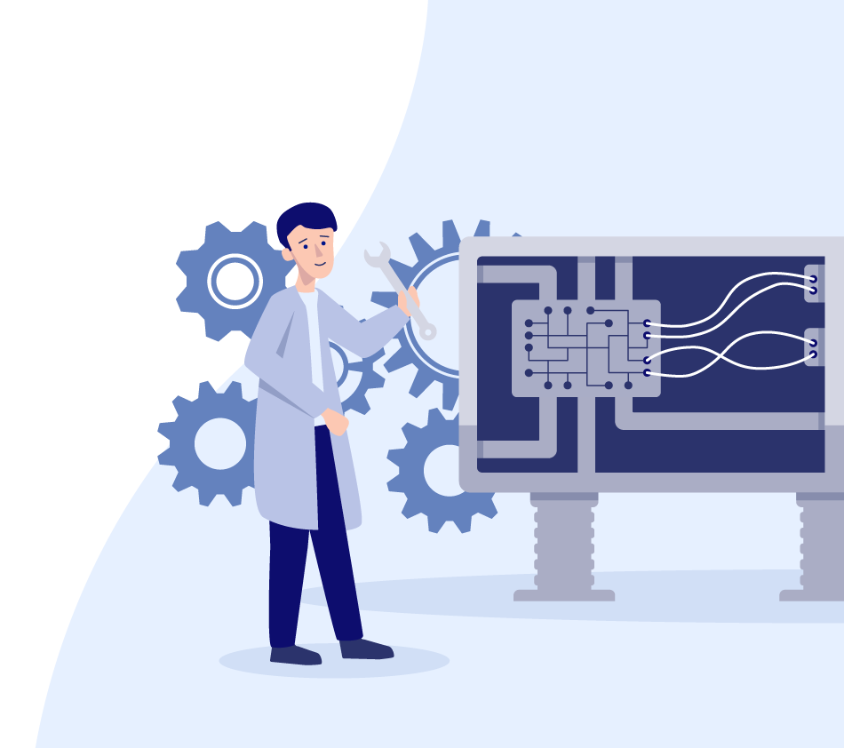 Illustration of a person with dark hair and lab coat holding a wrench. There are several cogwheels in the background. On the right of the picture is a large display with a circuit. The illustration symbolizes work in the mechanical and electrical engineering sector.