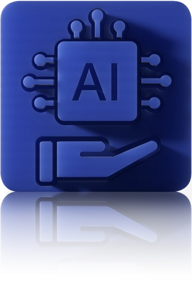 Blue icon: Microchip with “AI” and circuit traces over an open hand - symbolizing an AI module and AI functions.