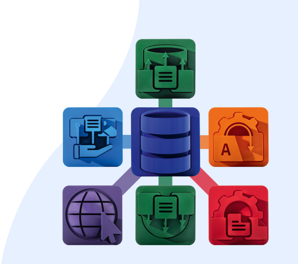 A central database symbol is connected by colored lines to six icons that represent the print, translation, data provision and export and online areas of crossbase. The background is divided in two by a waveform that rises from the bottom left to the top right.