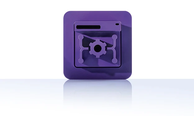The symbol is unicolor purple and shows a stylized window with four interconnected dots in the corners surrounding a central cogwheel shape. It is shown in a square with rounded corners. This icon stands for the headless CMS from crossbase.