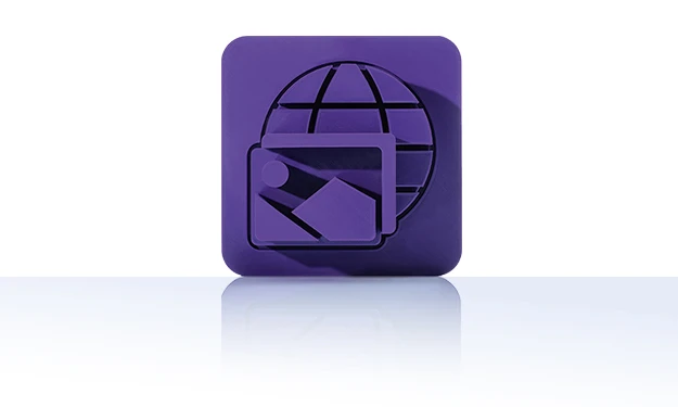 The symbol is unicolor purple and shows two offset media elements in front of a stylized globe with grid lines. It is shown in a square with rounded corners. This icon stands for the crossbase media service.
