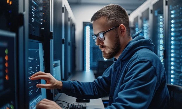 An IT employee operates a laptop in a server room