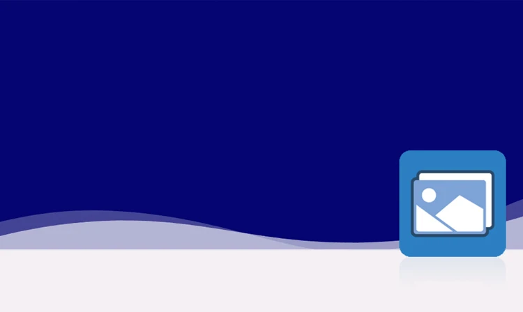The symbol is unicolor blue and consists of a surrounding square with rounded corners. Inside is a rectangle showing two stylized mountains at the bottom and a sun above. The symbol stands for the Media Asset Management module of crossbase.