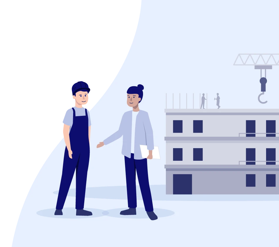 Illustration of two people on a building site: on the left is a construction worker, on the right a planner with a writing pad. In the background is a multi-storey building in the shell with a construction crane, with other people working on the roof. The scene symbolizes cooperation on the building site between craftsmen and planners.