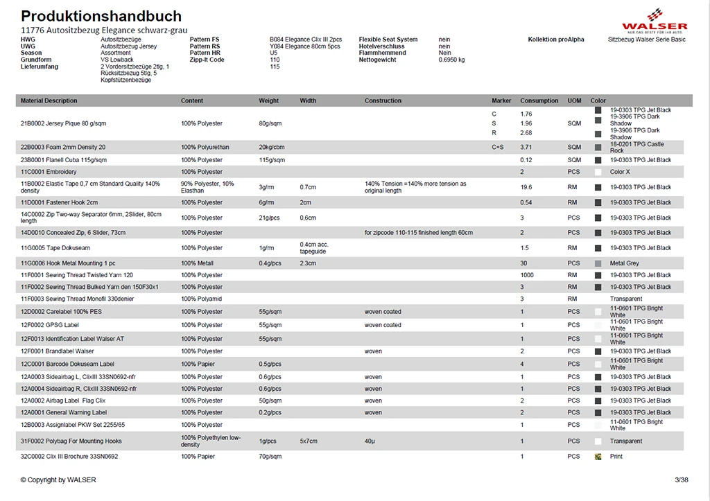 Page of an automated creation of a WALSER production manual with technical data.