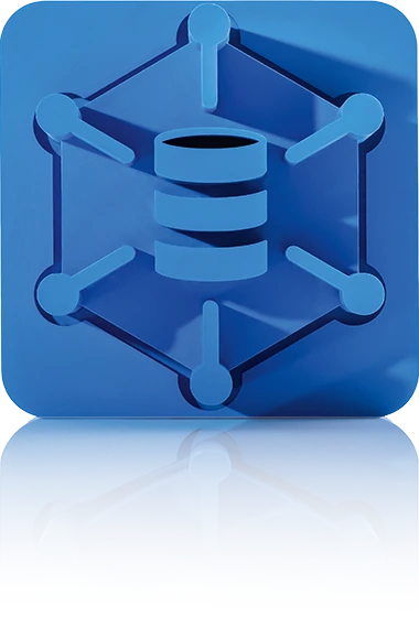 The symbol is unicolor blue and shows a stylized database from which six lines lead to the corners of a surrounding hexagon. There are dots at the corners of the hexagon and the symbol is surrounded by a square with rounded corners. It stands for the crossbase product database.