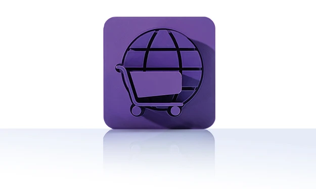 The symbol is unicolor purple and shows a shopping cart in front of a stylized globe with grid lines. It is shown in a square with rounded corners. This icon stands for the crossbase online catalog.