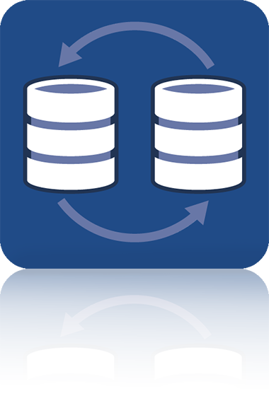 The symbol is unicolor blue and shows two stylized database symbols, each with three superimposed bars. Two curved arrows run between them in a circle, representing a reciprocal data exchange. It is shown in a square with rounded corners. This icon stands for the Data Hub and Process Monitor module of crossbase.