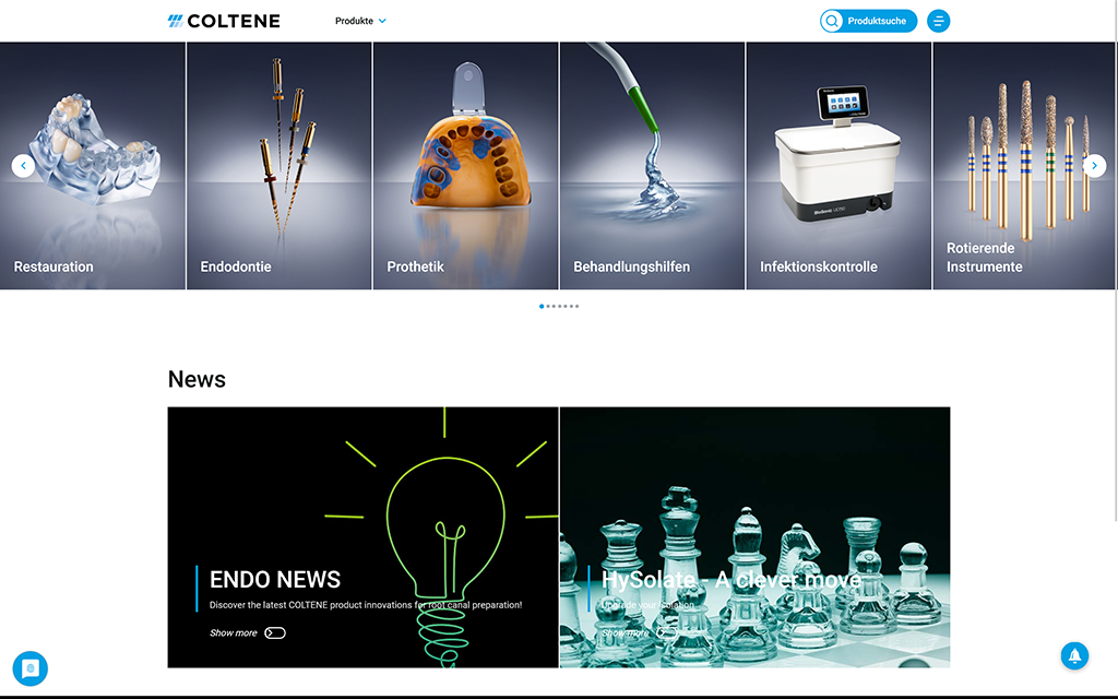 The screenshot shows the start page of the COLTENE online catalog with various tiles that can be used to access the products.