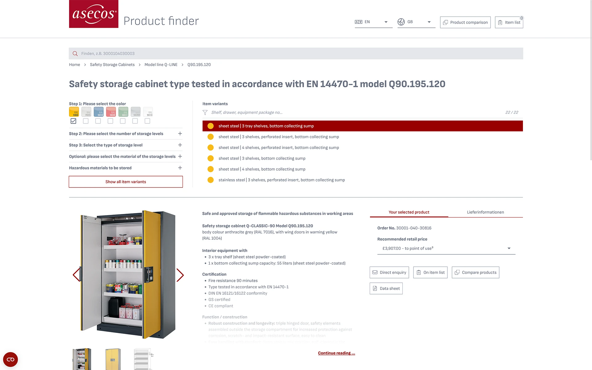 Screenshot of a product detail page in the asecos product finder.