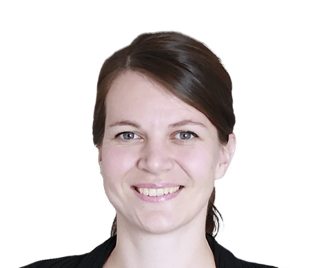 Jasmin Nesbigall from oneworld looks into the camera with a smile. She has brown hair with a side parting, tied back at the nape of her neck. She is wearing a black top. The background is dark blue with a curved, white and light blue line in a wave shape on the left.