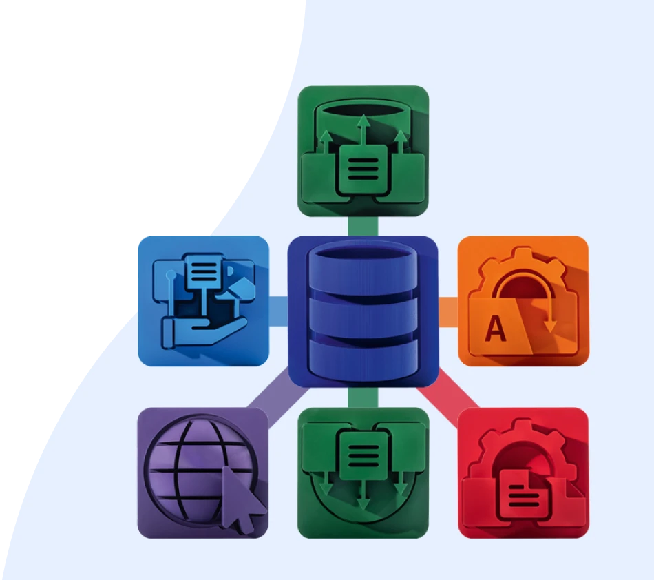 A central database symbol is connected by colored lines to six icons that represent the print, translation, data provision and export and online areas of crossbase. The background is divided in two by a waveform that rises from the bottom left to the top right.