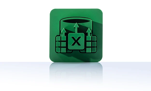 The symbol is unicolor green and shows a stylized database, in front of which two table symbols with cell structure are arranged. In the middle is a large 