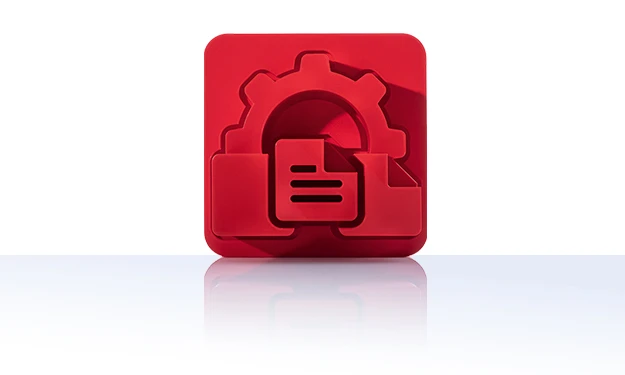 The symbol is unicolor red and shows a cogwheel in which a stylized document with three horizontal lines is integrated. The icon is located in a square with rounded corners. This icon stands for crossbase print publishing.