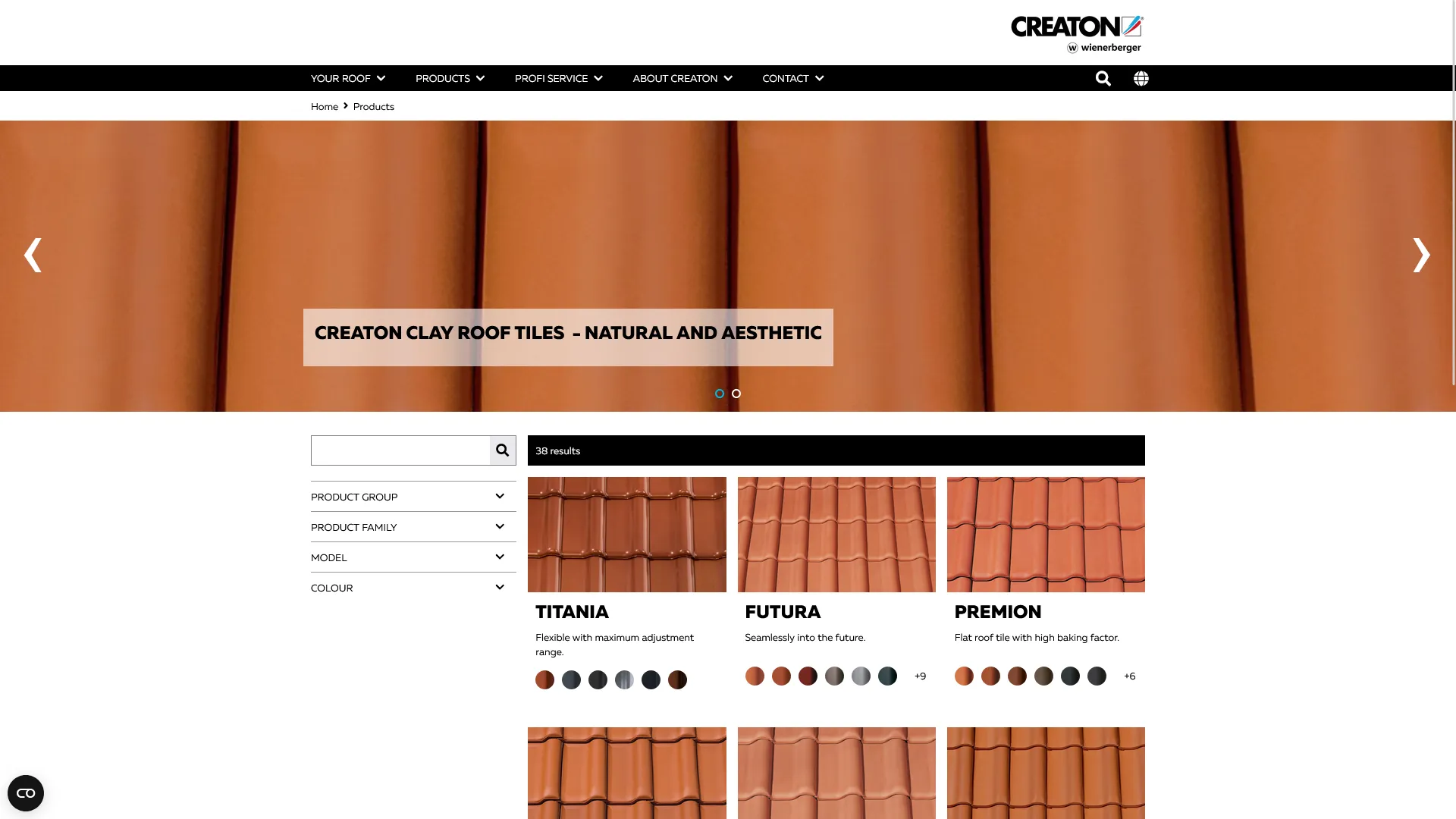 Screenshot of the CREATON website with product tile view.