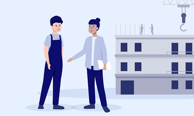 Illustration of two people on a building site: on the left is a construction worker, on the right a planner with a writing pad. In the background is a multi-storey building in the shell with a construction crane, with other people working on the roof. The scene symbolizes cooperation on the building site between craftsmen and planners.