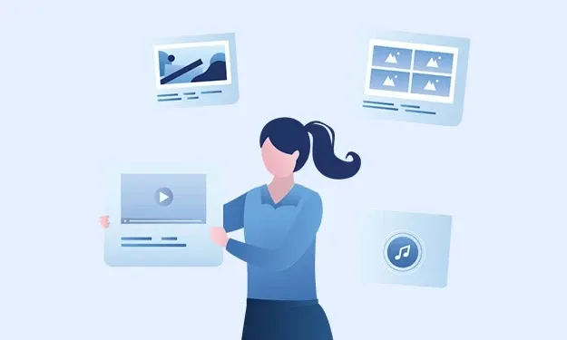 The illustration shows a woman with a ponytail holding a card with a video symbol on it. Surrounding her are three other cards showing pictures with text and a podcast icon.