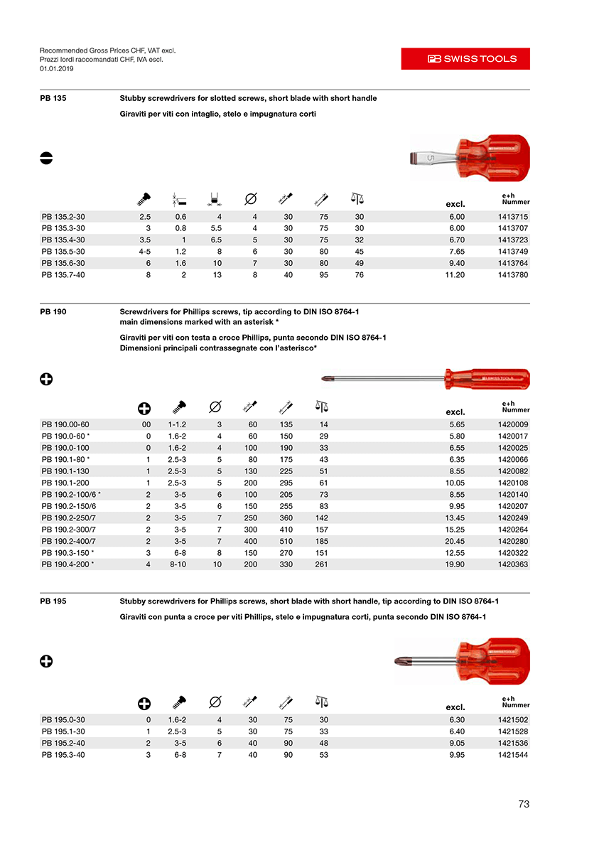 Page de catalogue de PB Swiss Tools avec des informations de produits issues de la base de données crossbase.